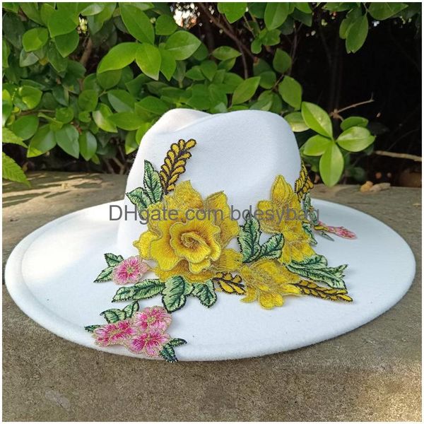 Sombreros de fiesta White Fedora 3D Flores bordadas Hombres Jazz Jazz Mayor Drop entrega OT9VD