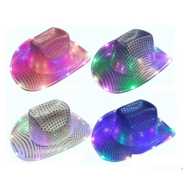 Chapeaux de fête en gros Cowgirl LED chapeau clignotant éclairer paillettes Cowboy casquettes lumineuses Halloween Costume 0829 livraison directe maison jardin Otpra