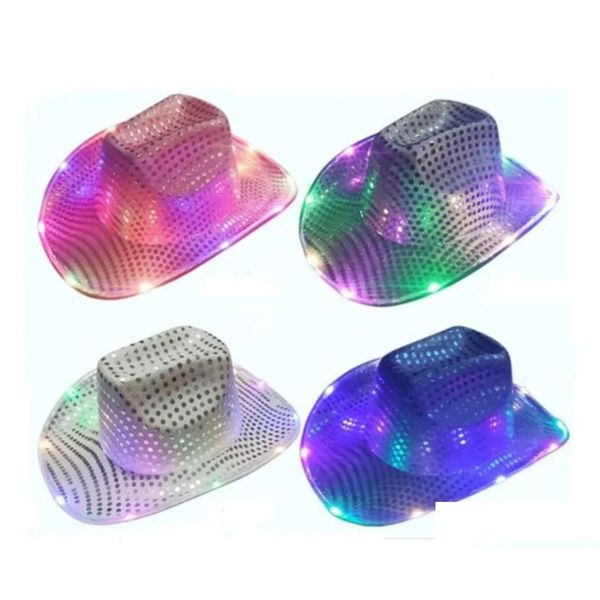 Sombreros de fiesta Venta al por mayor Cowgirl LED Hat Flashing Light Up Lentejuelas Cowboy Gorras luminosas Disfraz de Halloween Entrega de gotas Home Garden Festi DHJBH