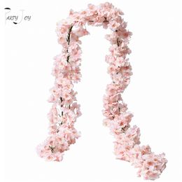 Party Joy 2 stks 144 1.8m Kunstmatige Cherry Blossom Garland Fake Silk Flower Hanging Vine Sakura voor Party Wedding Arch Home Decor 210925