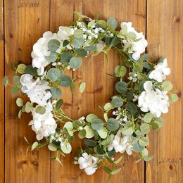 PARTY JOY 40 cm fleur artificielle hortensia couronne d'eucalyptus pour porte mur fond de mariage maison bonjour couronne décor extérieur 240105