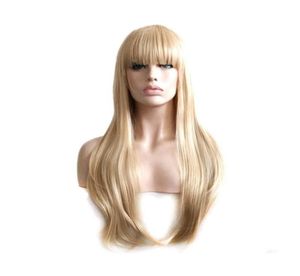 Perruques de dames de fête perruque blonde cheveux raides résistant à la chaleur longue perruque blonde avec frange perruques synthétiques pour les femmes75986015354426