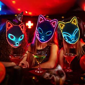 Party LED Glowing Cat Face Mask Cool Cosplay Neon Demon Slayer Fox Máscaras para regalo de cumpleaños Carnival Party Masquerade Halloween 0729