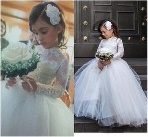 Robes de soirée de mariage pour filles, jolies robes de princesse à col haut et manches longues avec des Appliques de fleurs en dentelle, vêtements de cérémonie pour enfants