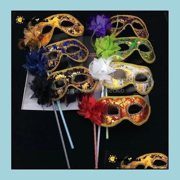 Máscara de fiesta para hombre Mujeres Halloween Mascarada veneciana Máscaras de mano Pluma Floral Sexy Carnaval Prom Colores mezclados Fy3618 Entrega de gota 2021