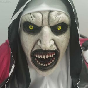 Feestmaskers 2023 Nieuw The Nun Scary Mask Conjuring Costume Horror Non Mask with Scarf Adult Woman Creepy Horror Kostuums Halloween Party Prop L230803