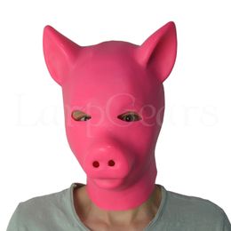 Masques de fête Moule 3D Masque d'animal fétiche en caoutchouc latex avec fermeture à glissière Rose Latex Pig Hood Fetish Pig Hood Masque Tête complète Animal Hood 230625