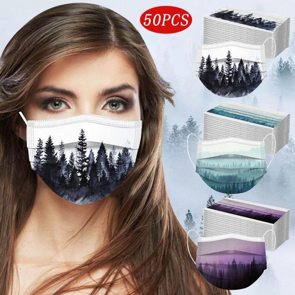 Masques de fête 50PC unisexe adultes paysage peinture impression masque facial respirant 3 couches non tissé jetable coupe-vent anti-poussière