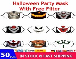 Masques de fête 50pcs adultes Kids Horror Ghost Anime Party Halloween Face Masques 3D Coton imprimé Couvre-bouche réutilisable lavable avec P2923332