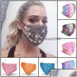 Feestmaskers 50st Fashion Colorf Mesh Designer Face Mask Bling Diamond Rhinestone Grid Net Sexy Hollow Herbruikbare Drop Delivery Home Dhqu5