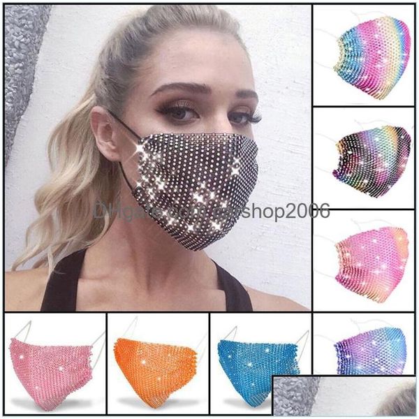 Máscaras de fiesta 50 Unids Moda Colorf Malla Diseñador Mascarilla Bling Diamond Rhinestone Grid Net Sexy Hollow Reutilizable Drop Delivery Home Dhqu5