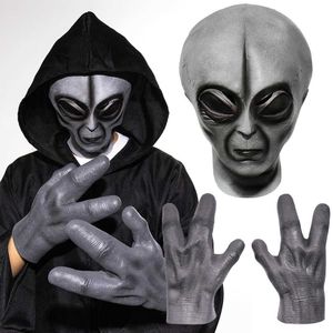 Party Masks 51 Zone Alien Mask Glove Role Play UFO Big Eyed Organic Monster Latex Helmet Hand Halloween -kostuum Props Q240508