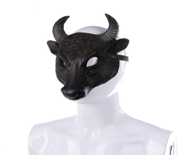 Máscaras de fiesta Adulto Toro Cosplay PU Negro Media cara Máscara Horror Cabeza Superior Animales Halloween Masque Accesorios4720945