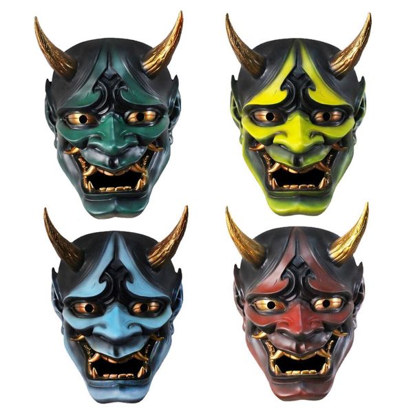 Masques de fête Adulte Unisexe Résine Japonais Monstre Diable Hannya Noh Kabuki Démon Oni Samurai Masque Complet Halloween Bleu Rouge Fête 20.5 * 26 CM 230923