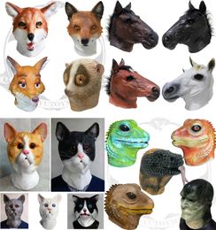 Máscaras de fiesta Cabeza de animal Látex Mask Facial Reptilard Lizard Cat Fox Horse Rubber Halloween Fancy Disk Props Q240508