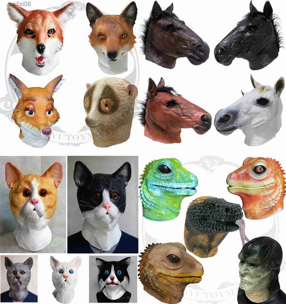 Masques de fête Tête d'animal Masques en latex Reptiles adultes Lézard Chat Renard Masque Cheval Masque En Caoutchouc Halloween Carnaval Masque Déguisement Accessoires T230905