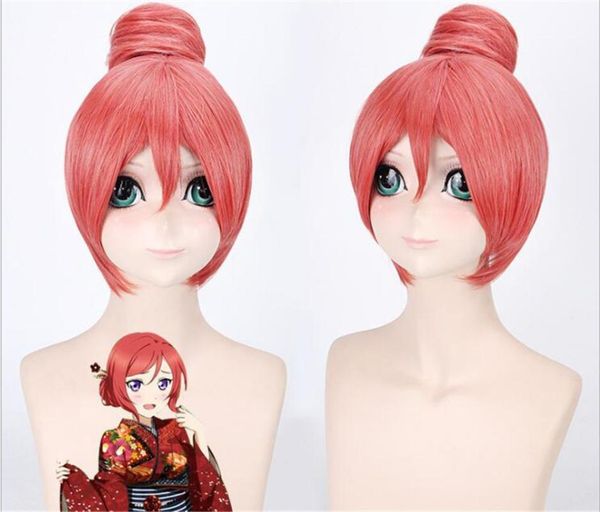 Máscaras de fiesta Anime Love Live Maki Nishikino Cosplay peluca sandía rojo pelucas cortas rectas C034