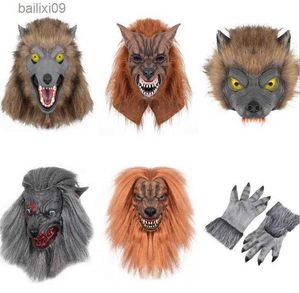 Masques de fête Anime Masques de loup-garou Halloween Latex Caoutchouc Cosplay Tête de loup Masque de cheveux Gants de loup-garou Costume Party Scary Decor Costumes T230905