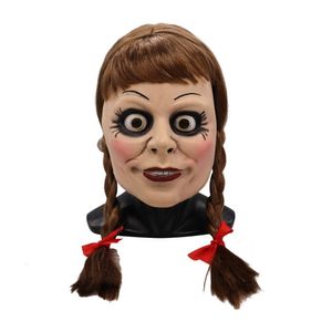 Feestmaskers annabelle latex cosplay masker film annabel doll enge volwassen volledige kop met pruiken paardenstaarten Halloween Party Mask 230327