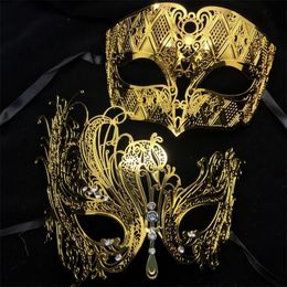 Feestmaskers zwart zilveren goud metalen filigraan laser gesneden paar Venetiaanse bruiloft bal Halloween maskerade kostuum er set 230113
