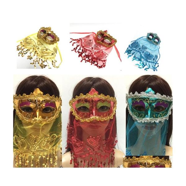 Máscaras de fiesta Fiesta anual para niños Máscara de Navidad de Halloween Danza del vientre Mascarada Adt Reunirse Estilo indio con velo Polvo de oro DHD6V