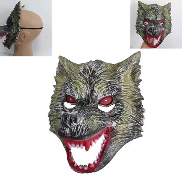 Party Masks Cosplay Animal espeluznante Cabeza de lobo abierta Dientes y ojos rojos Horrited Halloween Halloween Full Full Helmet Disfraz de fiesta 230812