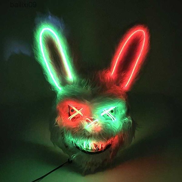 Masques de fête Cosplay décoratif Performance Prop lumineux sanglant lapin en peluche masque de lapin éclairant le couvre-chef Halloween horreur ours masque T230905