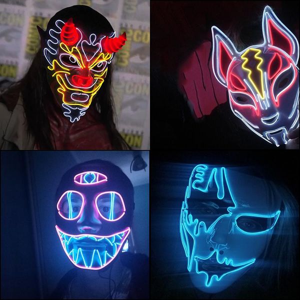 Máscaras de fiesta Cosplay Máscara de Halloween Luminous Light Up Led EL Wire Neon Glowing Anime Masquede Masquerade Horror MaskPartyParty