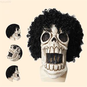 Masques de fête Effrayant Halloween Tête Complète Crâne Masque Avec Cheveux Adulte Réaliste Latex Casque Anime Brook Cosplay Effrayant Squelette Masques L230803