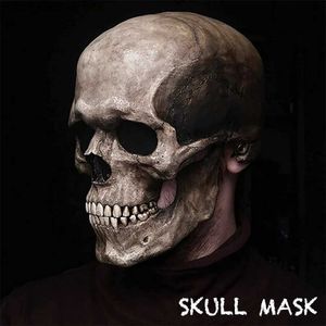 Masques de fête Creepy Halloween Masque de crâne complet avec mâchoire mobile Rave Adulte Tête entière Casque en latex réaliste Cary Skeleton Headgear Q231009
