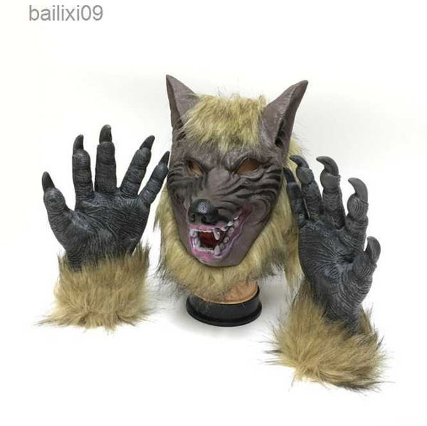 Masques de fête Creepy Wolf Costume Halloween Cosplay Masque de loup Loup-garou Griffes Ensemble Gants Terreur Diable Fantaisie Coiffe Prank Props Loup Couvre-chef T230905