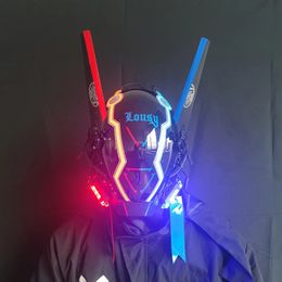 Feestmaskers CyberPunk-masker Cosplay Dreadlocks Cool met led-vlechten Podiumeigenschap SCI FI Halloween-geschenken Armor Futuristisch speelgoed 231204