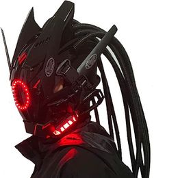 Maschere per feste Maschera cyberpunk Illuminazione rossa LED con capelli Festival musicale Fantastico Cosplay SCI-FI Casco da soldato Regalo per feste di Halloween per adulti 230718