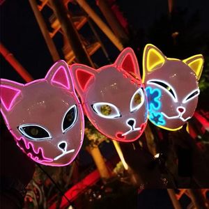 Party Masks Demon Slayer Glowing El Wire Mask Kimetsu No Yaiba Personnages Cosplay Costumes Accessoires Japonais Fox Halloween LED ZT072 DHPEW