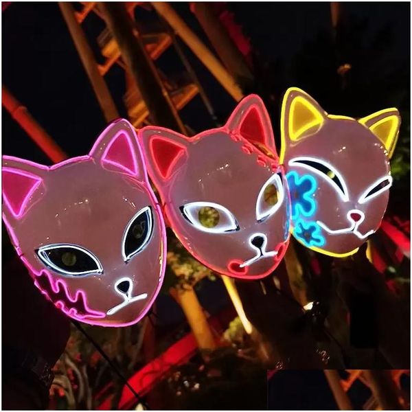 Máscaras de fiesta Demon Slayer Glowing El Wire Mask Kimetsu No Yaiba Personajes Cosplay Accesorios de disfraces Japonés Fox Halloween Led Dro Otwjk