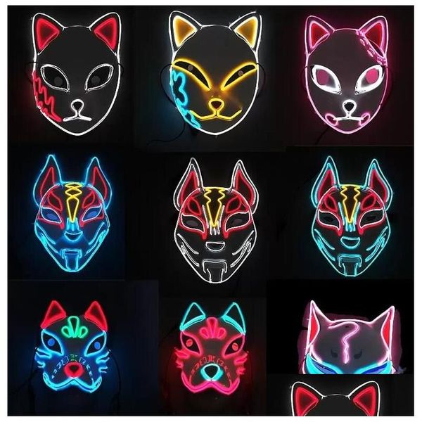 Máscaras de fiesta Demon Slayer Glowing El Wire Mask Kimetsu No Yaiba Personajes Cosplay Accesorios de disfraces Japonés Fox Halloween Led Inicio Dhccf