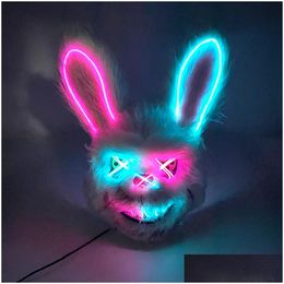 Party Maskers Ontwerp Enge Neon Gloeiende Bloody Rabbit Cosplay Bunny Masker Halloween Carnaval Kostuum Lichtgevende Rekwisieten Led Drop Delivery H Dhxjp