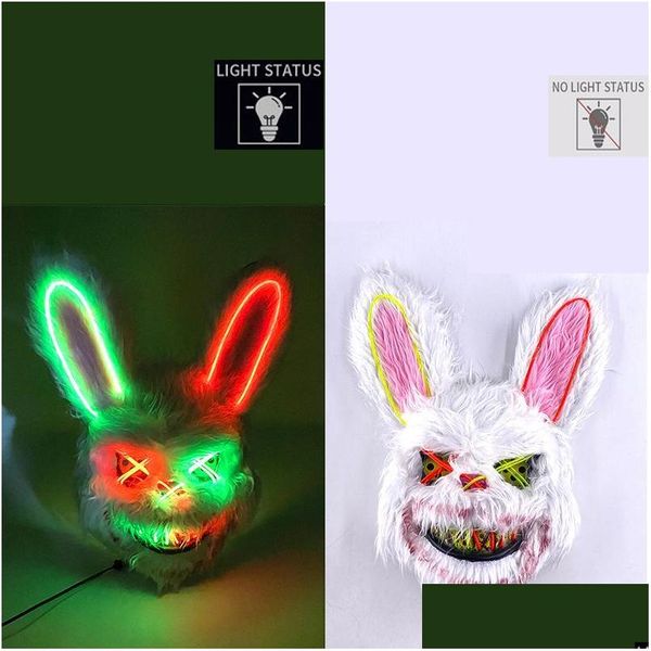 Masques de fête Design Effrayant Néon Glowing Lapin Sanglant Cosplay Masque De Lapin Halloween Carnaval Costume Lumineux Props LED Drop D Homefavor Dhke5