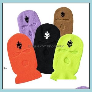 Máscaras de fiesta Bordado Clava Motocicleta 3 agujeros Fl Face Knit Ski Mask Beanie Hatbeanie Rrb14987 Drop Delivery Home Garden Festive Supp Oti8C