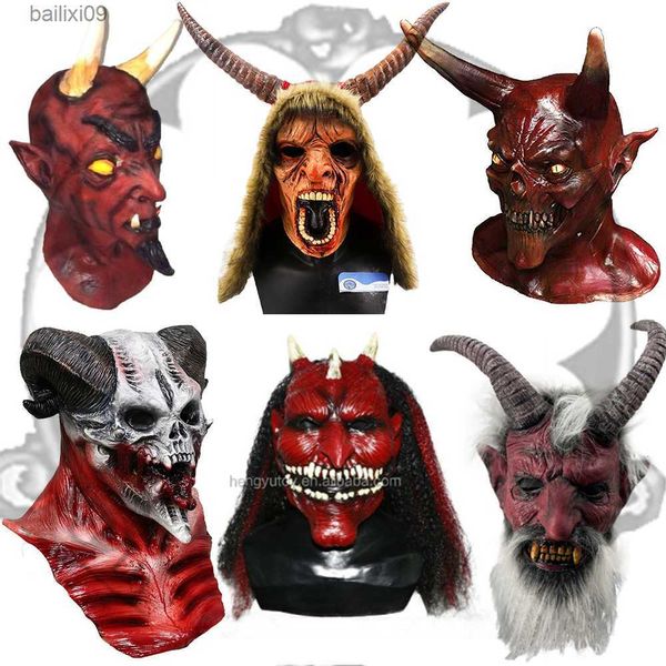 Masques de fête Mal Démon Rouge Diable Masque Halloween Horreur Fête Déguisement Costume Corne Courte T230905