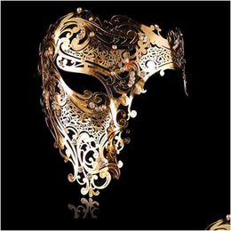 Masques de fête Mode Cosplay Halloween Masque Noir Sier Strass Phantom Métal Filigrane Vénitien Or Rouge Demi-Visage Drop Livraison Ho Dhg1B