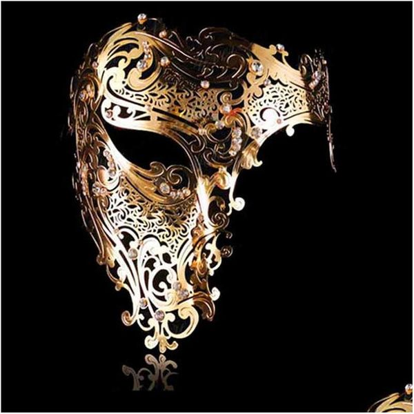 Máscaras de fiesta Moda Cosplay Máscara de Halloween Negro Sier Rhinestone Phantom Metal Filigrana Oro veneciano Rojo Media cara Entrega de gota Ho Dhg1B