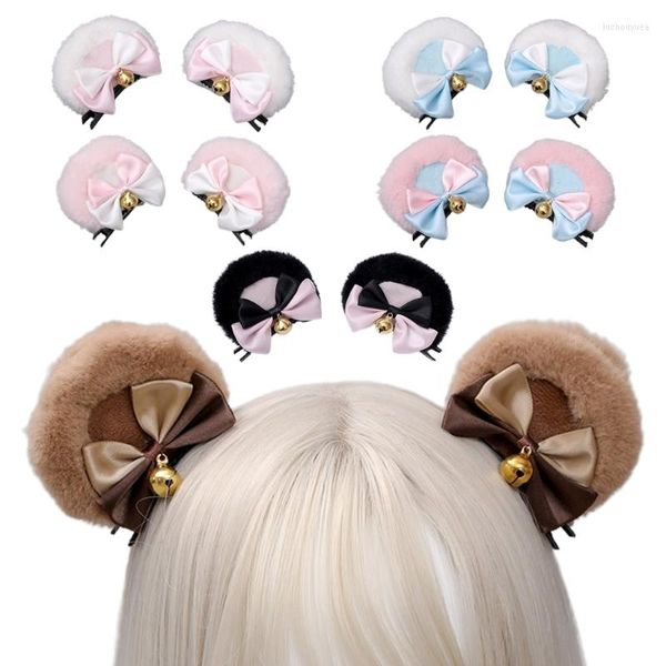 Máscaras de fiesta Piel sintética Orejas de oso Clip para el cabello Dulce Doble Bowknot Bell Lolita Cosplay Horquillas