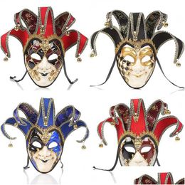 Masques de fête Fl Visage Hommes Femmes Théâtre Vénitien Jester Joker Masquerade Masque Avec Cloches Mardi Gras Ball Halloween Cosplay Costume 4 Dr Dhsby