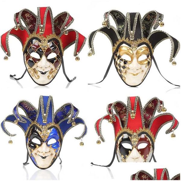 Máscaras de fiesta Fl Face Hombres Mujeres Teatro veneciano Jester Joker Mascarada Máscara con campanas Mardi Gras Ball Halloween Cosplay Disfraz 4 Dro Ot7Vv