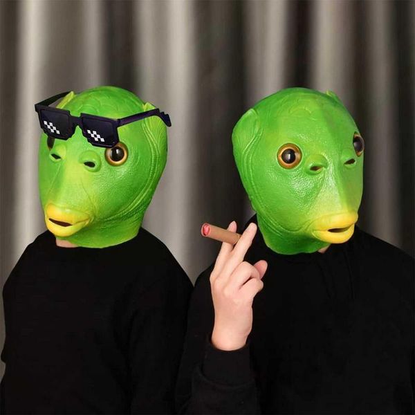 Masques de fête drôle de poisson vert bouche en latex couverture de tête de tête Halloween costume cosplay 230216