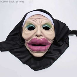 Masques de fête drôle sexy grandes lèvres nonne masque cosplay masques de tête complète avec foulard Halloween carnaval fête costume accessoires Q231007