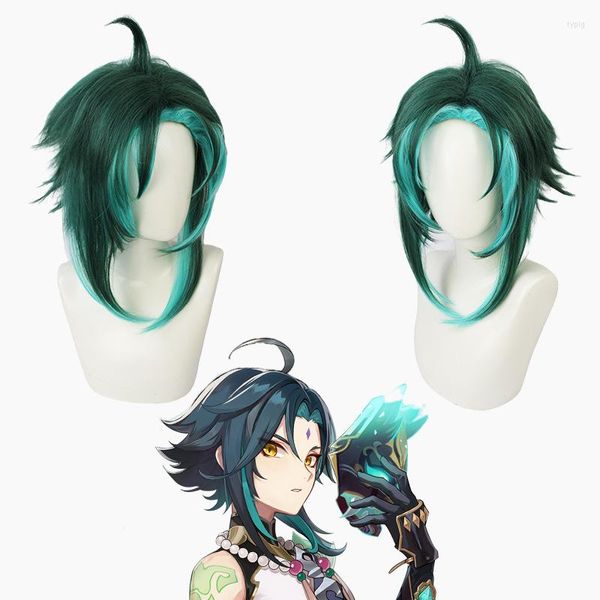 Masques de fête jeu Genshin Impact Xiao perruque Cosplay vert foncé synthétique court droit résistant à la chaleur cheveux adultes femmes casquette accessoires