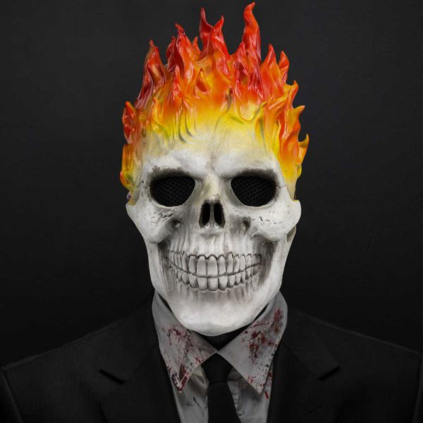 Máscaras de fiesta Ghost Rider Máscara de calavera de llama roja y azul Cosplay Halloween Horror Fantasma Máscaras de látex de cara completa Accesorios de disfraces de cosplay 230905