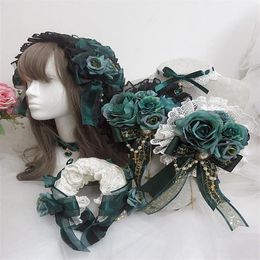 Party Masks Girl Design Lolita Lace Hairpins Dark Green Flower Pearl Cross Gothic Femmes Costume Collier Bandeau Cosplay Headpiec2278